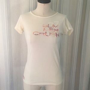 American Eagle Y2K cream orange purple embroidered logo graphic T-shirt summer